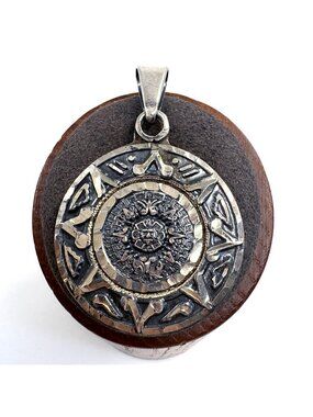 Aztec Calendar Design Pendant Sterling Silver 925 Size 1.75" Length